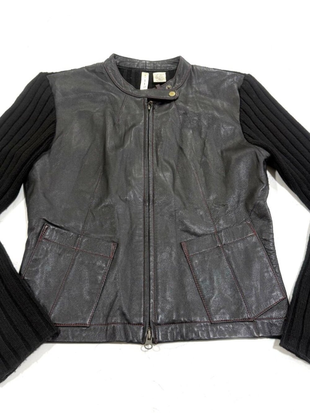 Twiggy Black Leather Wool Bomber Biker Jacket Medium Red Stitching Vintage